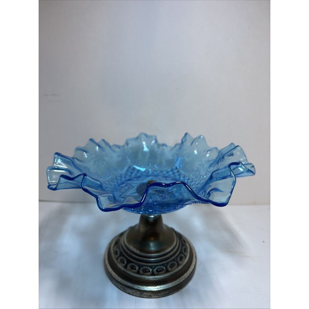 Blue Crimped Ruffled Candy Dish Compote Art Glass 6 Star Paisley Pattern - Picture 2 of 12